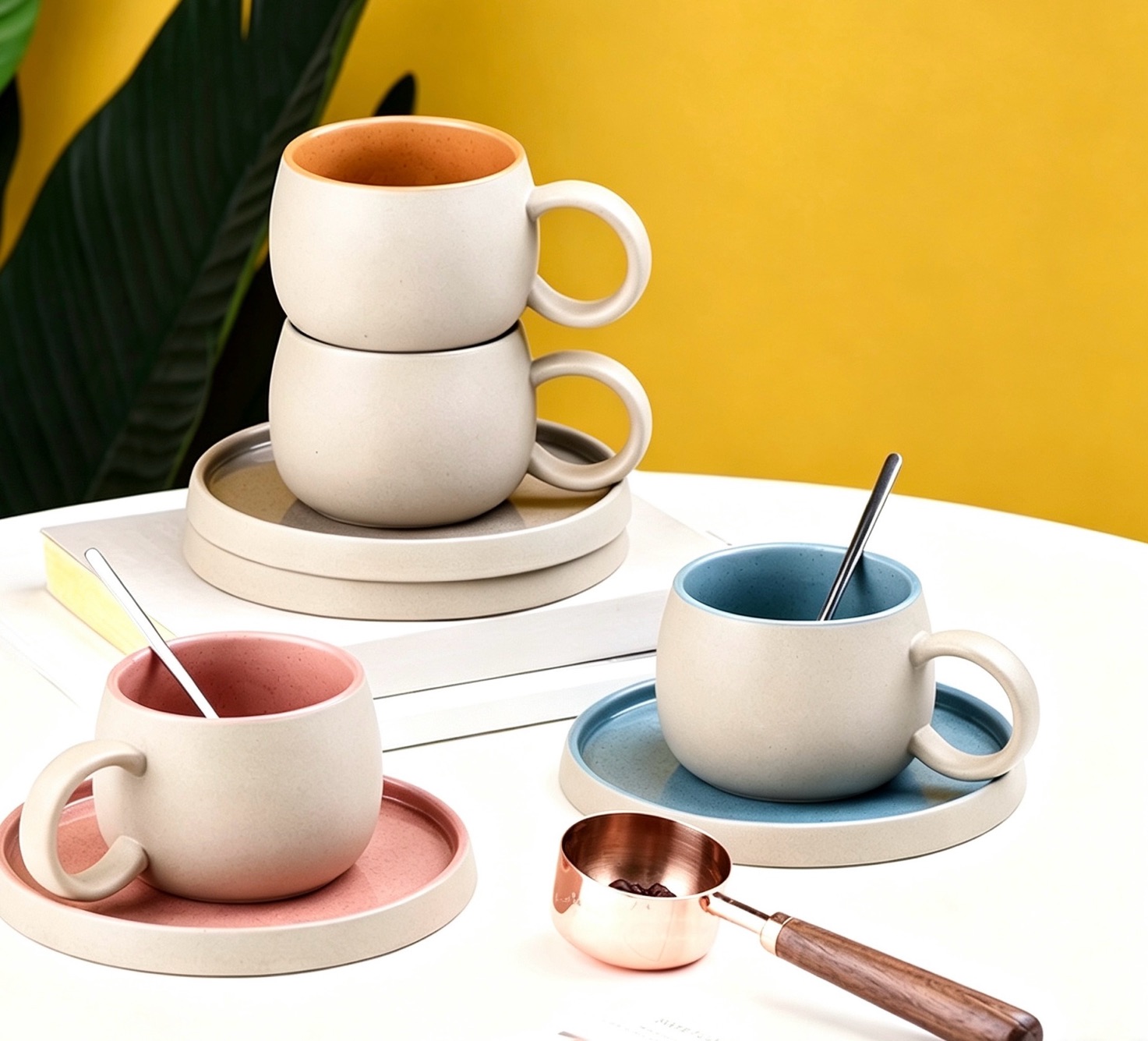 Cream and black striped ceramic mugs
